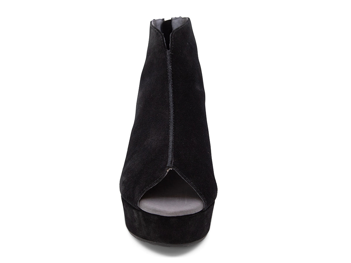 Black suede platform wedge peep-toe boot on a block heel with back zipper on a white background front view