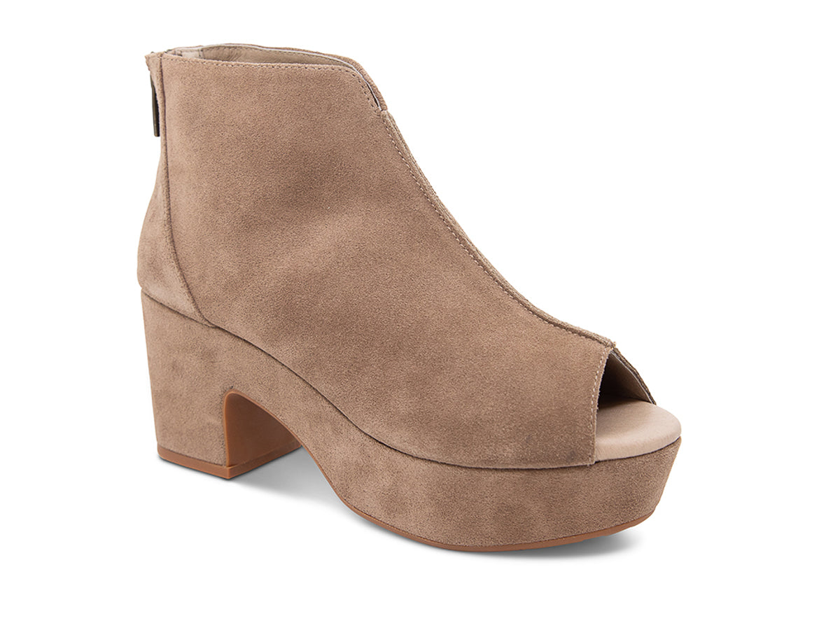 Brown suede platform wedge peep-toe boot on a block heel with back zipper on a white background side angle view