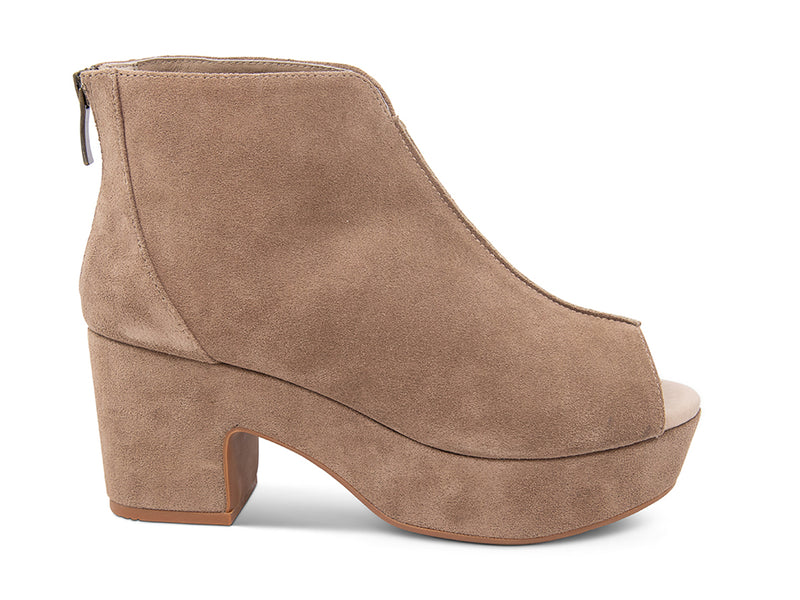 Brown suede platform wedge peep-toe boot on a block heel with back zipper on a white background side view