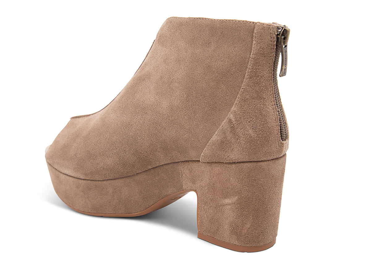Brown suede platform wedge peep-toe boot on a block heel with back zipper on a white background side angle view
