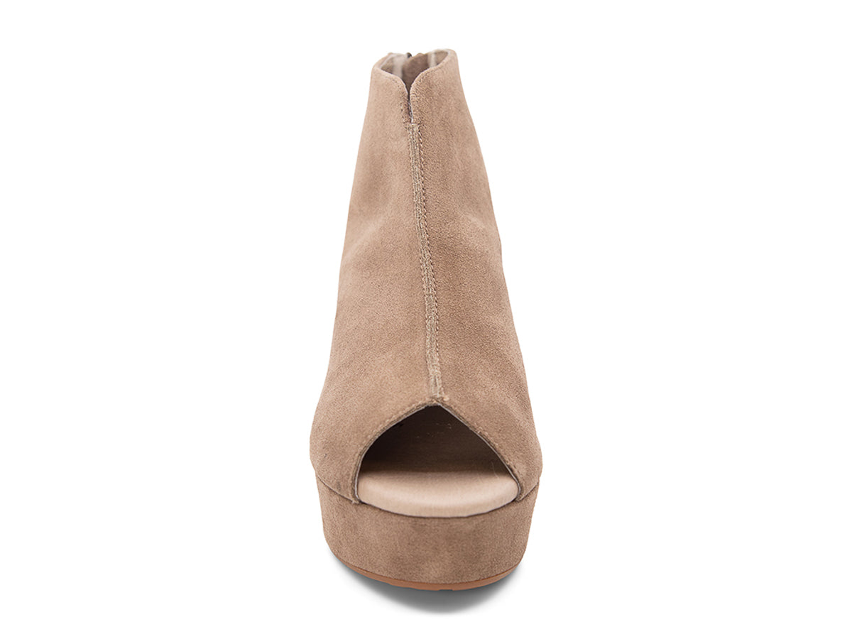 Brown suede platform wedge peep-toe boot on a block heel with back zipper on a white background front view