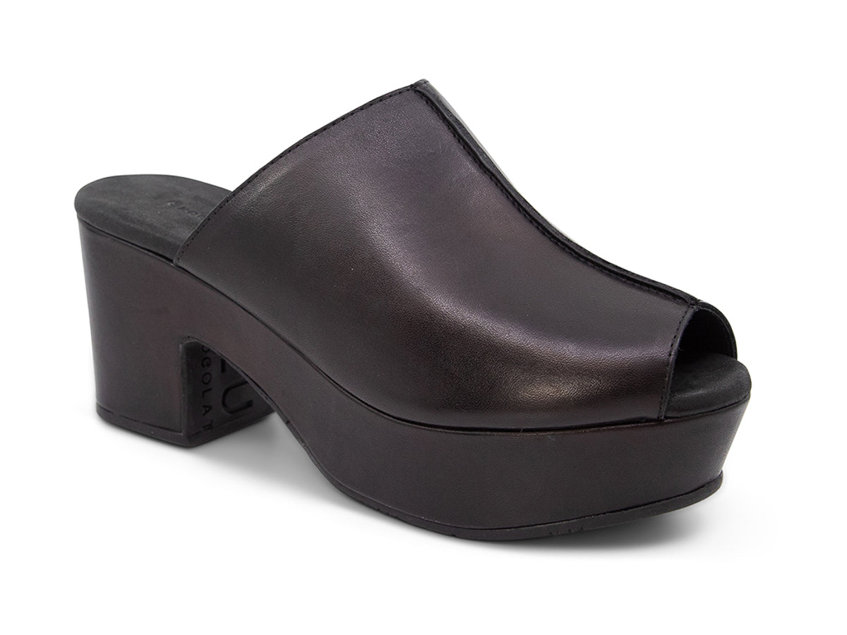 Black leather platform wedge peep-toe boot on a block heel with exposed seam design on upper on a white background side angle view