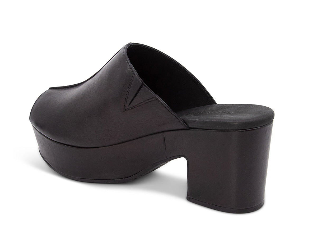 Black leather platform wedge peep-toe boot on a block heel with exposed seam design on upper on a white background side angle view