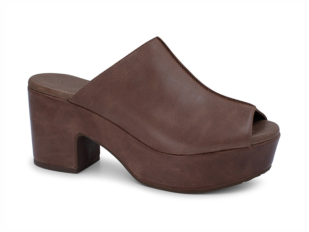 Dark Brown leather platform wedge peep-toe boot on a block heel with exposed seam design on upper on a white background side angle view