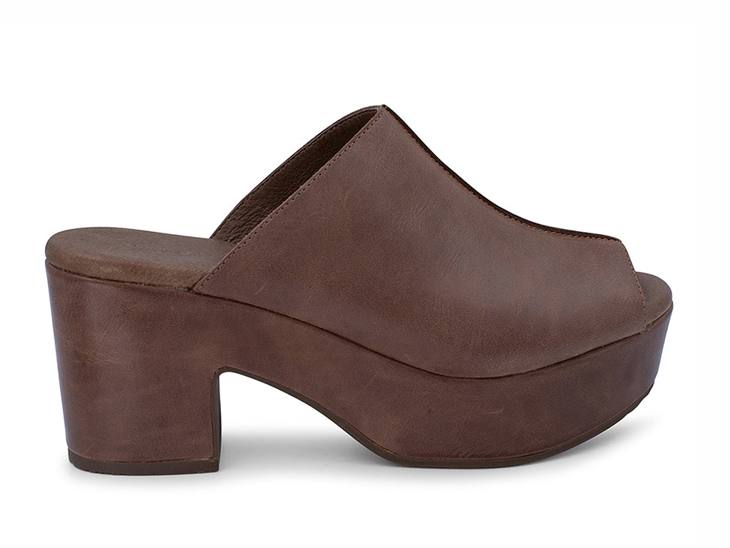 Dark Brown leather platform wedge peep-toe boot on a block heel with exposed seam design on upper on a white background side view