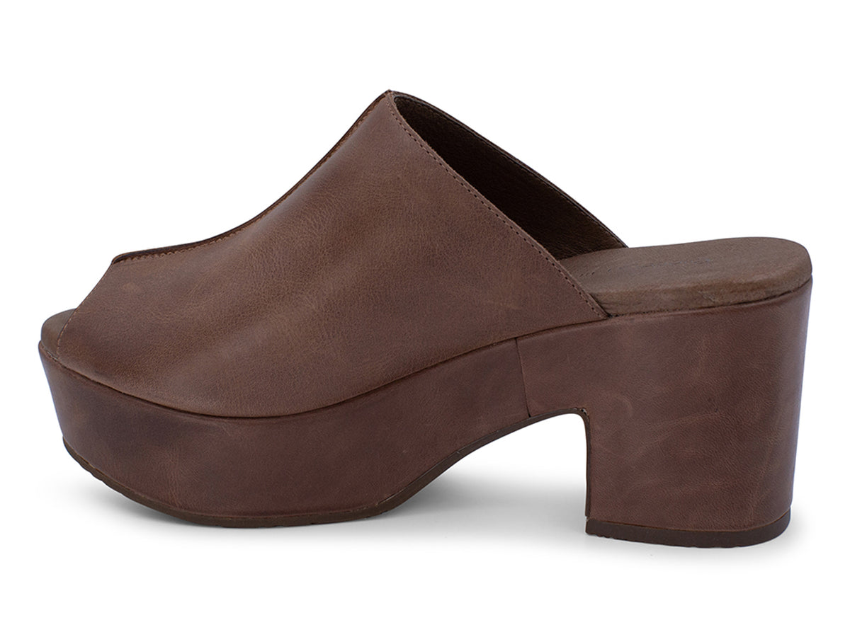 GDark Brown leather platform wedge peep-toe boot on a block heel with exposed seam design on upper on a white background side angle view