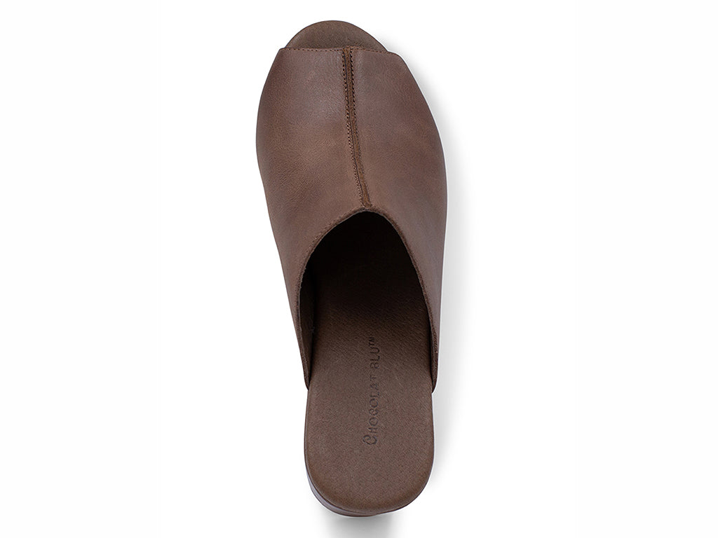 Dark Brown leather platform wedge peep-toe boot on a block heel with exposed seam design on upper on a white background top view