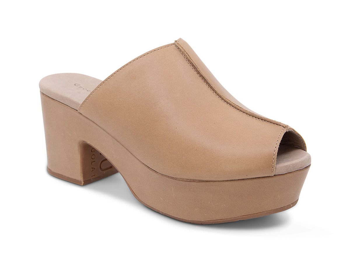 Taupe leather platform wedge peep-toe boot on a block heel with exposed seam design on upper on a white background side angle view