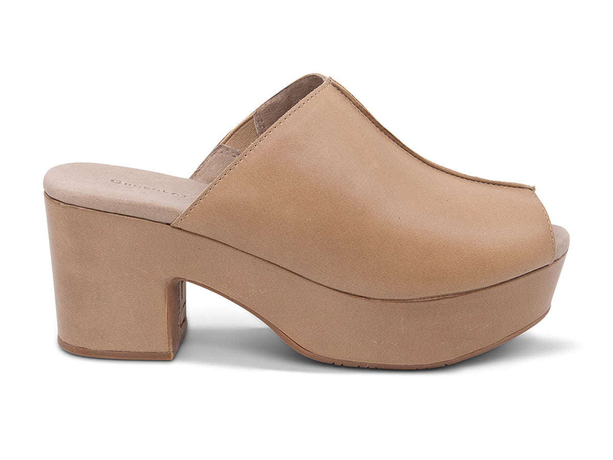 Taupe leather platform wedge peep-toe boot on a block heel with exposed seam design on upper on a white background side view