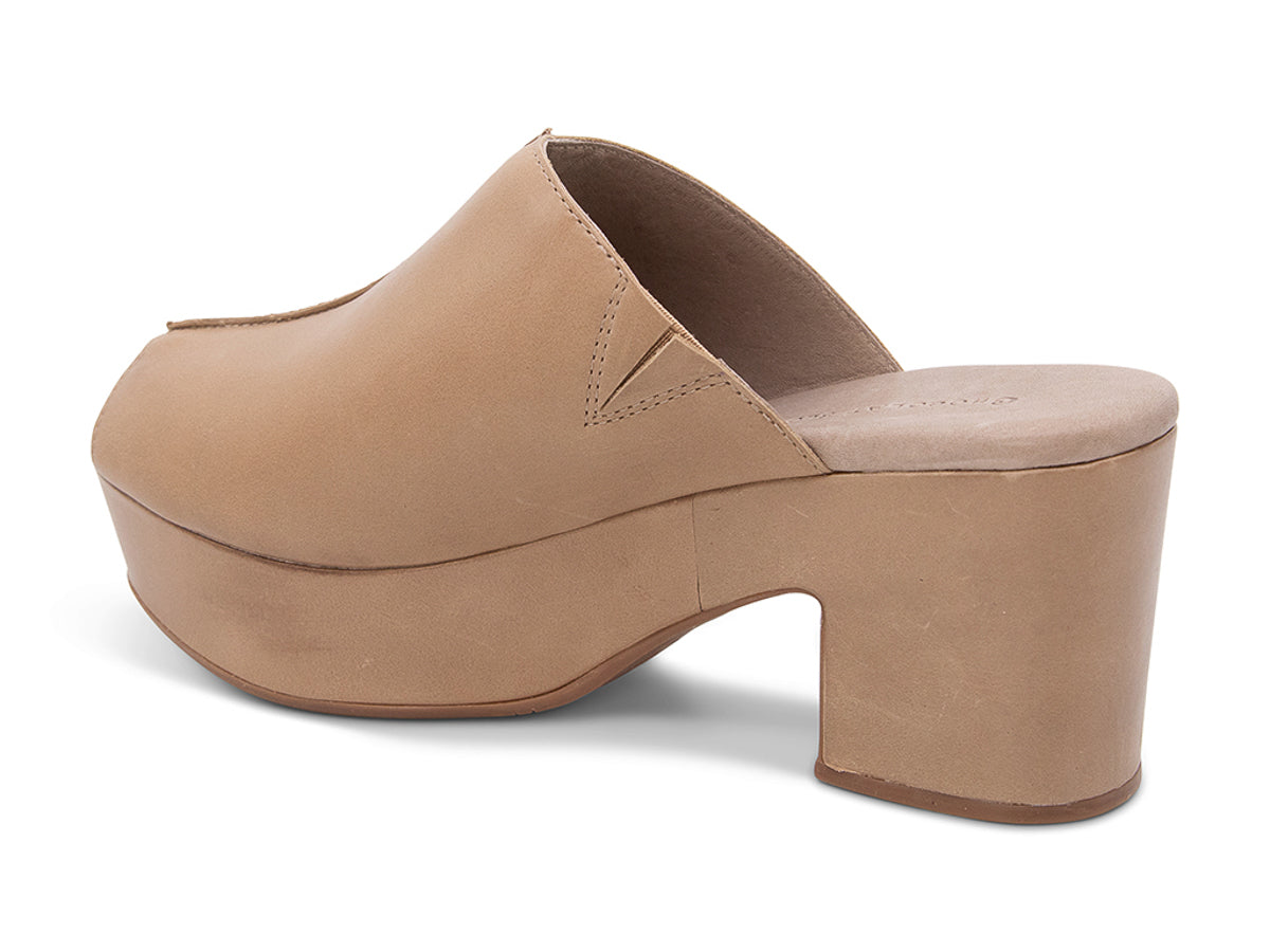 Taupe leather platform wedge peep-toe boot on a block heel with exposed seam design on upper on a white background side angle view