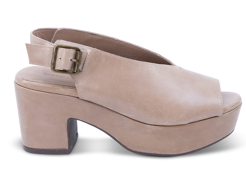 taupe leather slingback platform sandal with an open toe design - outer side view
