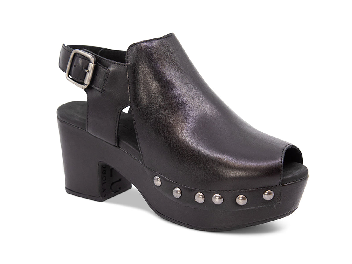 Black leather clog peep toe shoe with a block heel and grommet studs on a white background side angle view