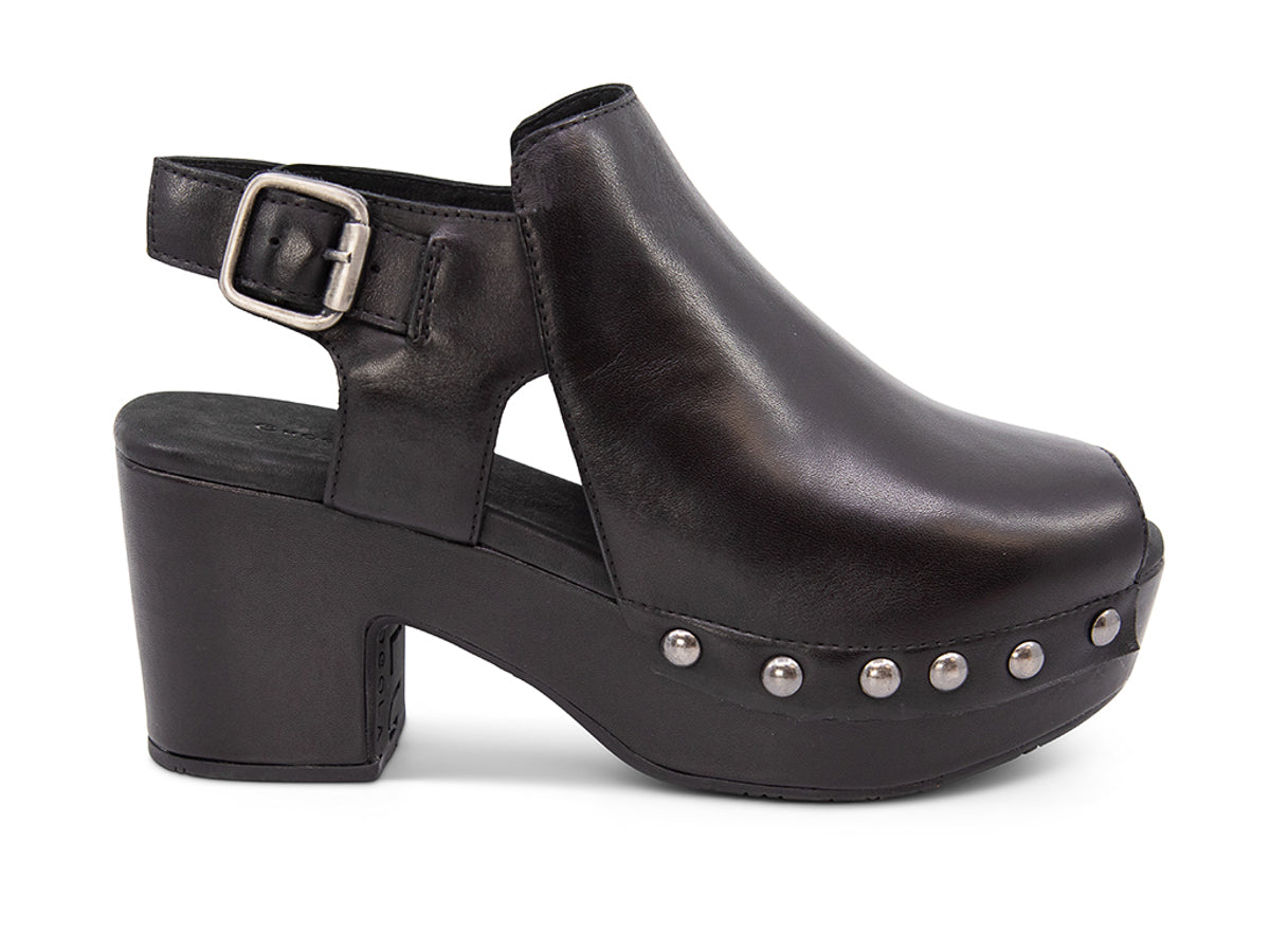 Black leather clog peep toe shoe with a block heel and grommet studs on a white background side view