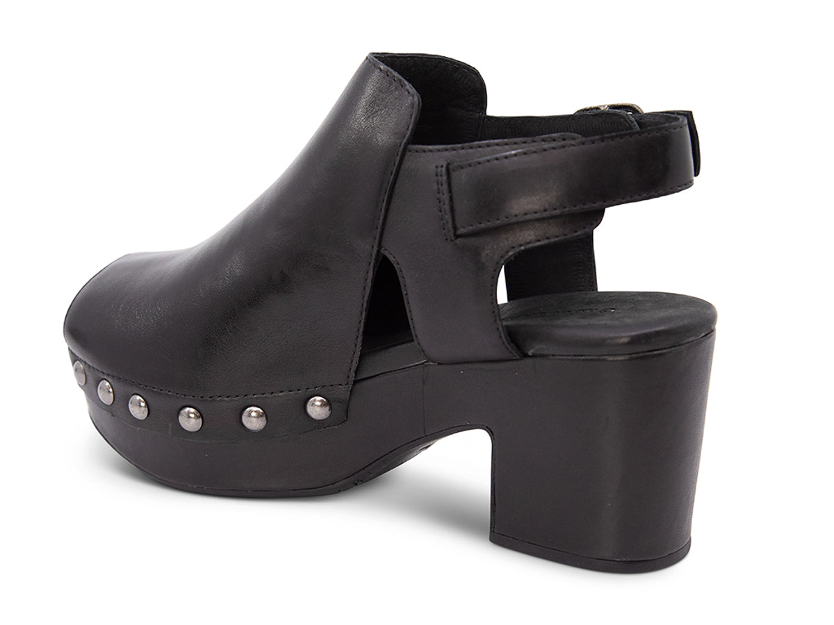 Black leather clog peep toe shoe with a block heel and grommet studs on a white background side angle view