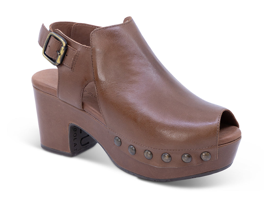a brown leather slingback peep toe platform shoe - front 3/4 view