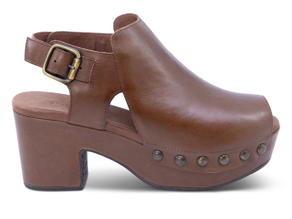 a brown leather slingback peep toe platform shoe - outer side view