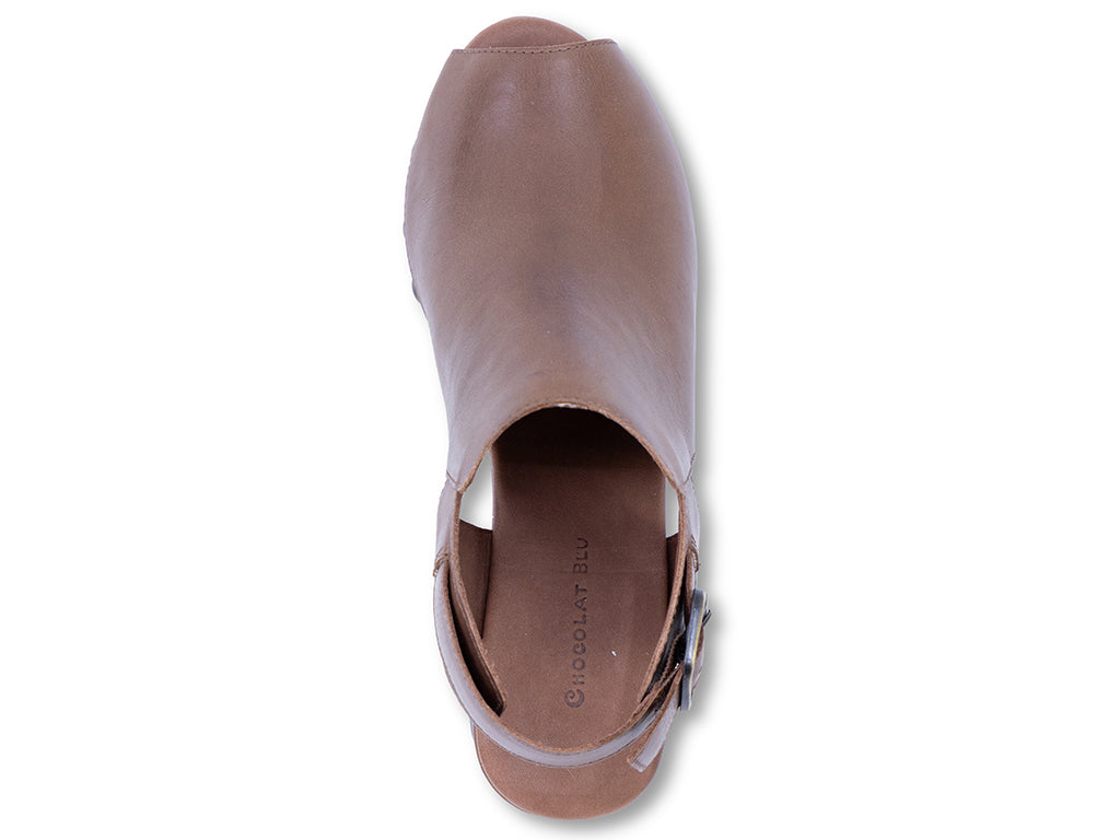 a brown leather slingback peep toe platform shoe - top view