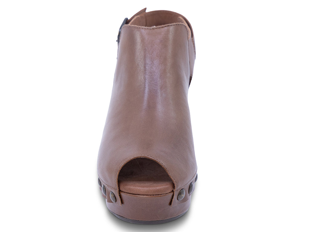 a brown leather slingback peep toe platform shoe - front view