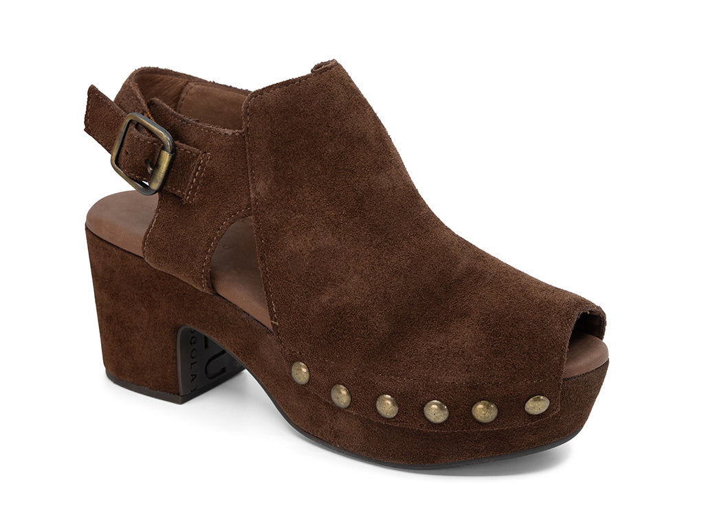 chocolate suede slingback peep toe platform shoe - front 3/4 view