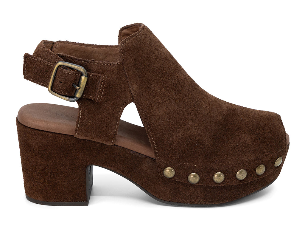 chocolate suede slingback peep toe platform shoe - outer side view