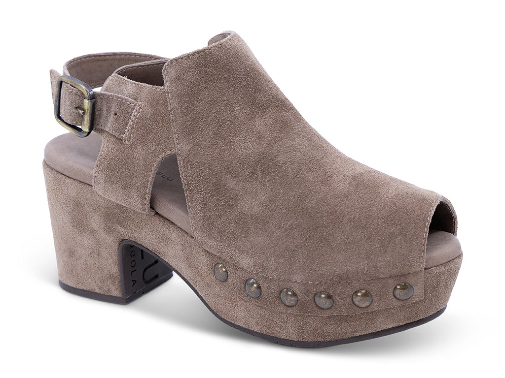 a taupe suede slingback peep toe platform shoe - front 3/4 view