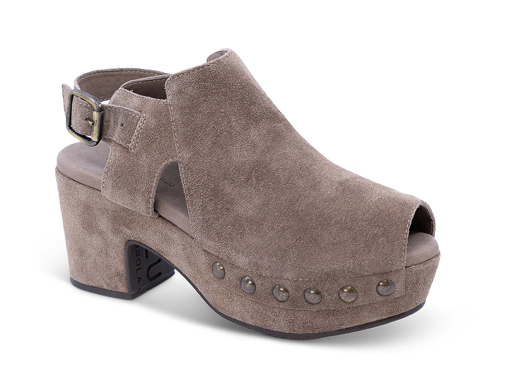 a taupe suede slingback peep toe platform shoe - front 3/4 view