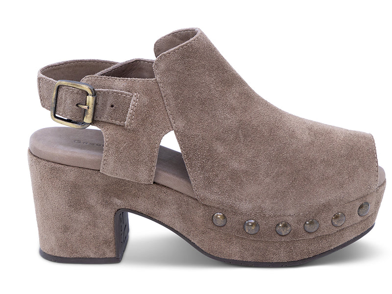 a taupe suede slingback peep toe platform shoe - outer side view