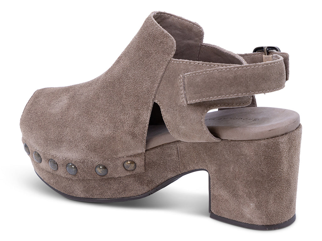 a taupe suede slingback peep toe platform shoe - outer side view