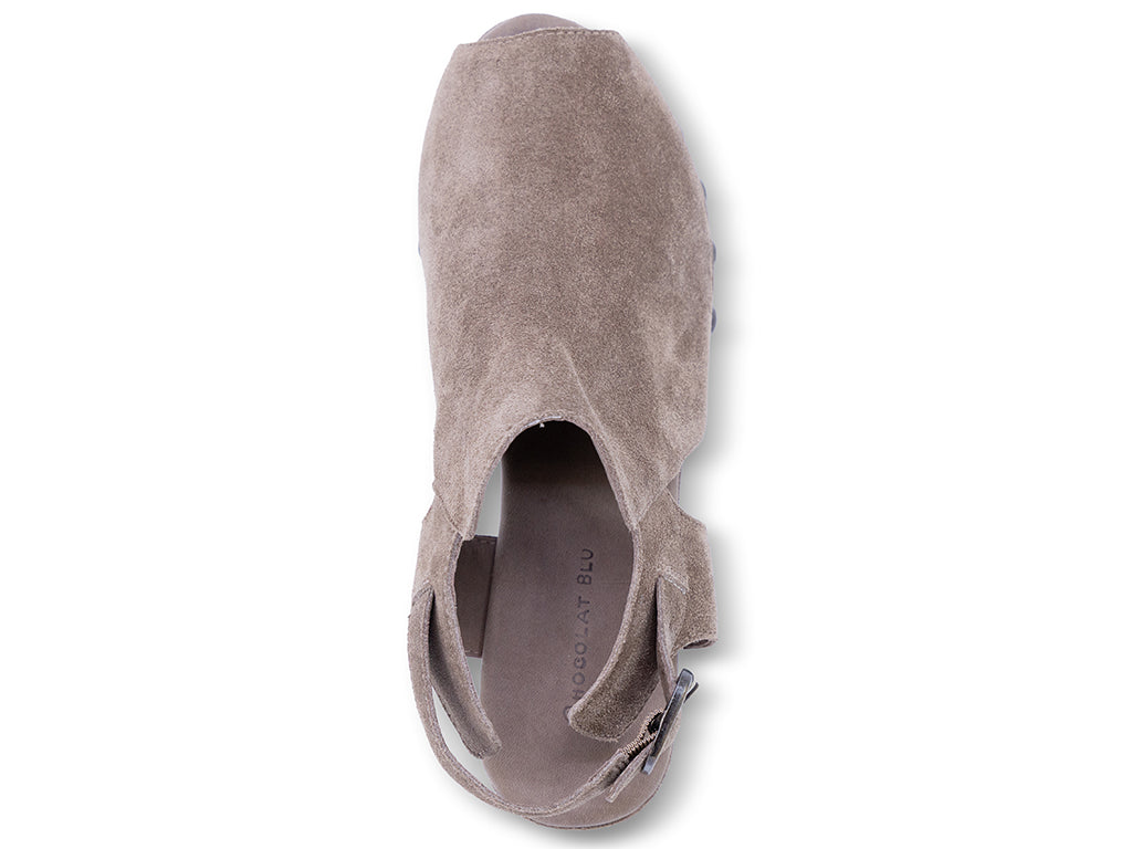 a taupe suede slingback peep toe platform shoe - top view