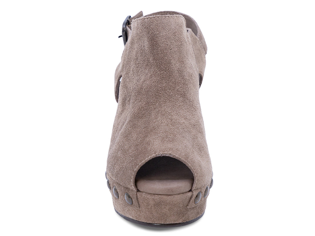 a taupe suede slingback peep toe platform shoe - front view