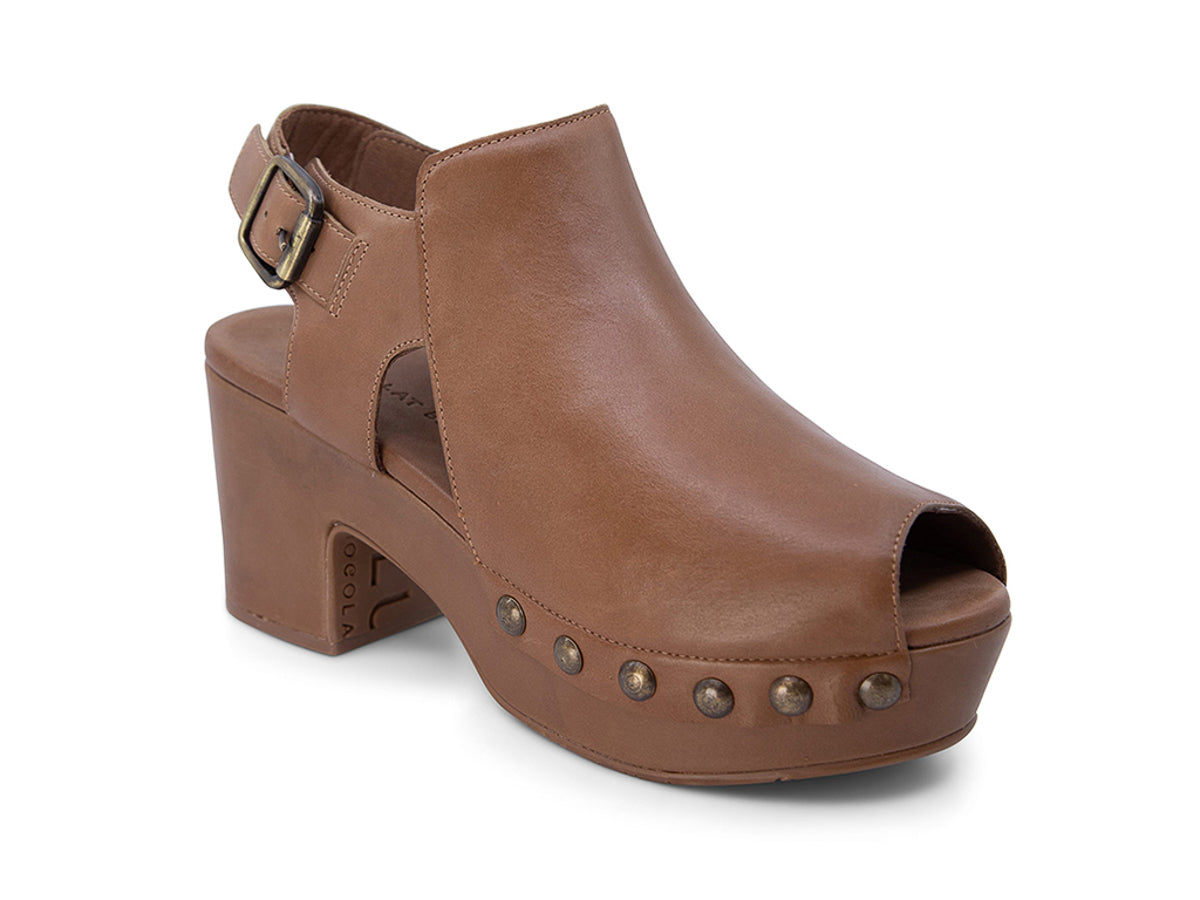 Brown leather clog peep toe shoe with a block heel and grommet studs on a white background side angle view