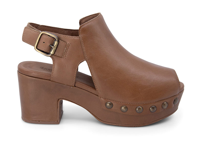 Brown leather clog peep toe shoe with a block heel and grommet studs on a white background side view