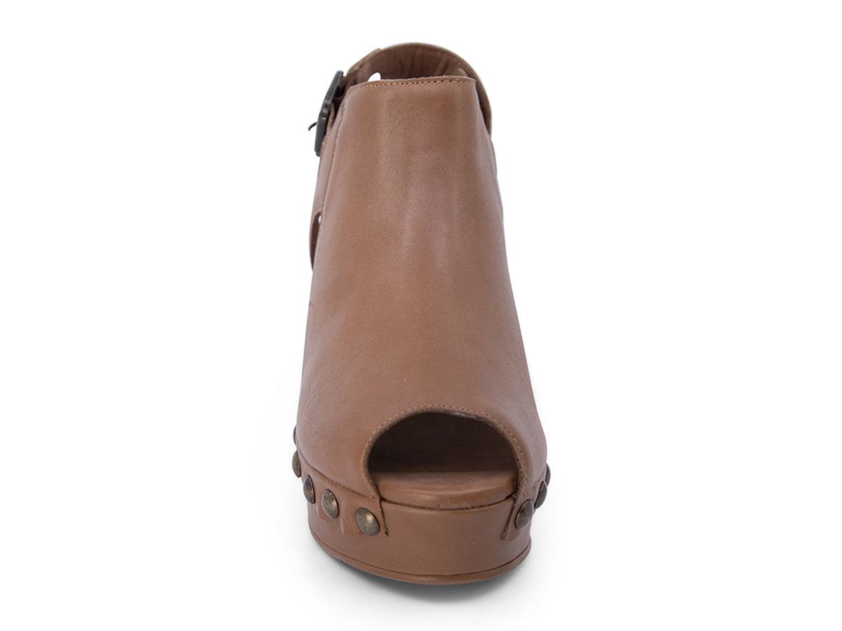Brown leather clog peep toe shoe with a block heel and grommet studs on a white background front view