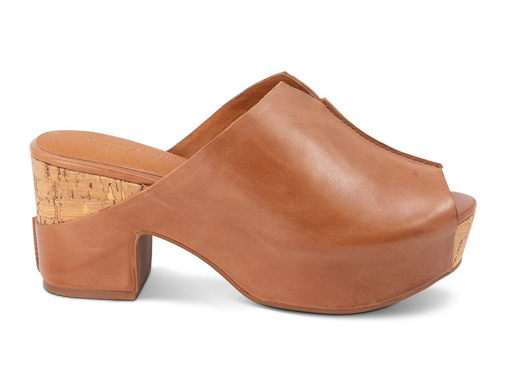 Brown open-toe clog shoe with cork platform sole - side view