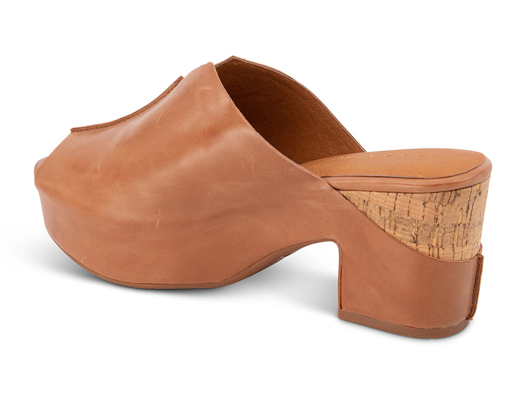 Brown open-toe clog shoe with cork platform sole - view from the back