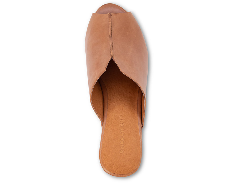 Brown open-toe clog shoe with cork platform sole - top view 