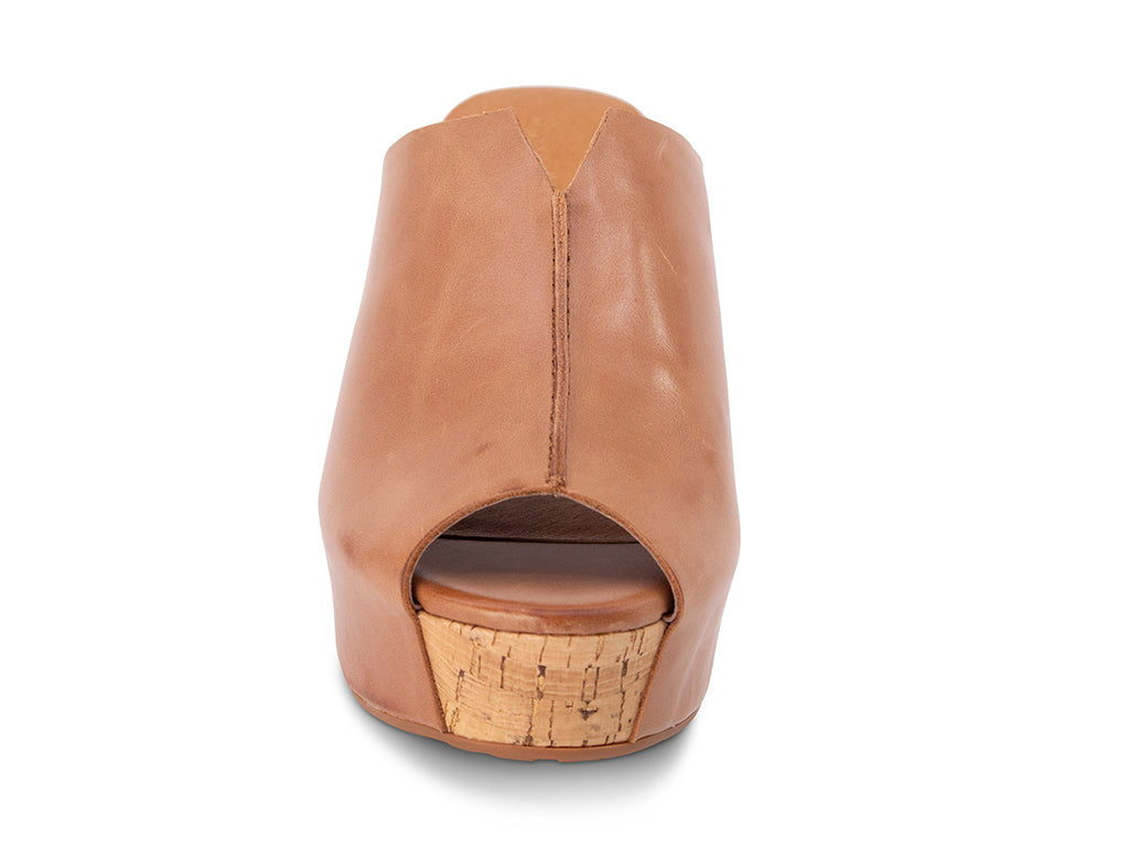 Brown open-toe clog shoe with cork platform sole - front view