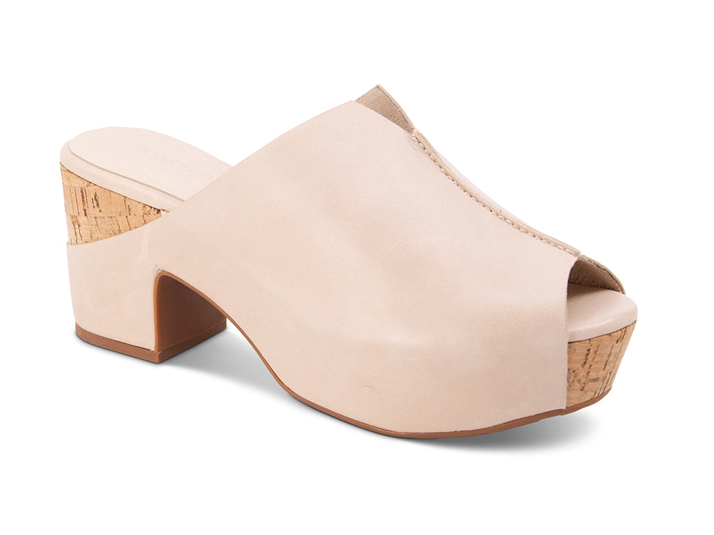 beige open-toe clog shoe with cork platform sole 