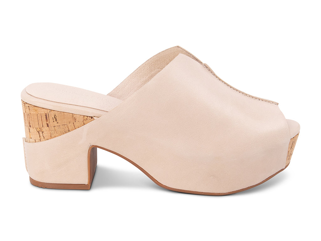 beige open-toe clog shoe with cork platform sole - side view