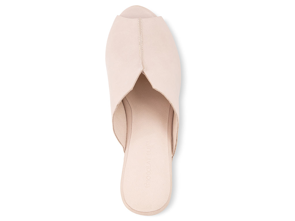 beige open-toe clog shoe with cork platform sole - top view