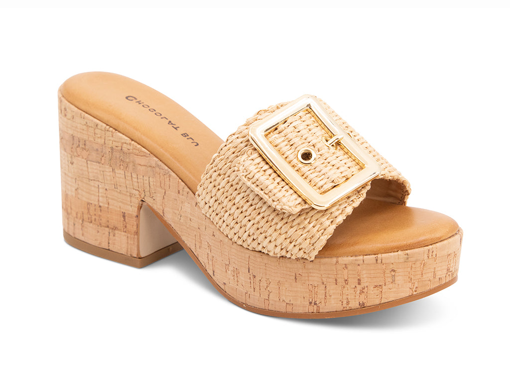 natural raffia upper with buckle on a platform and block heel