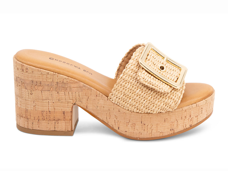 natural raffia upper with buckle on a platform and block heel - view of the side