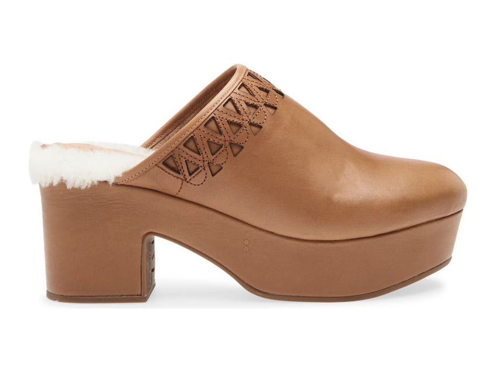 Brown heeled clog shoe with decorative cutout on upper and fur trim mid sole on a white background side view