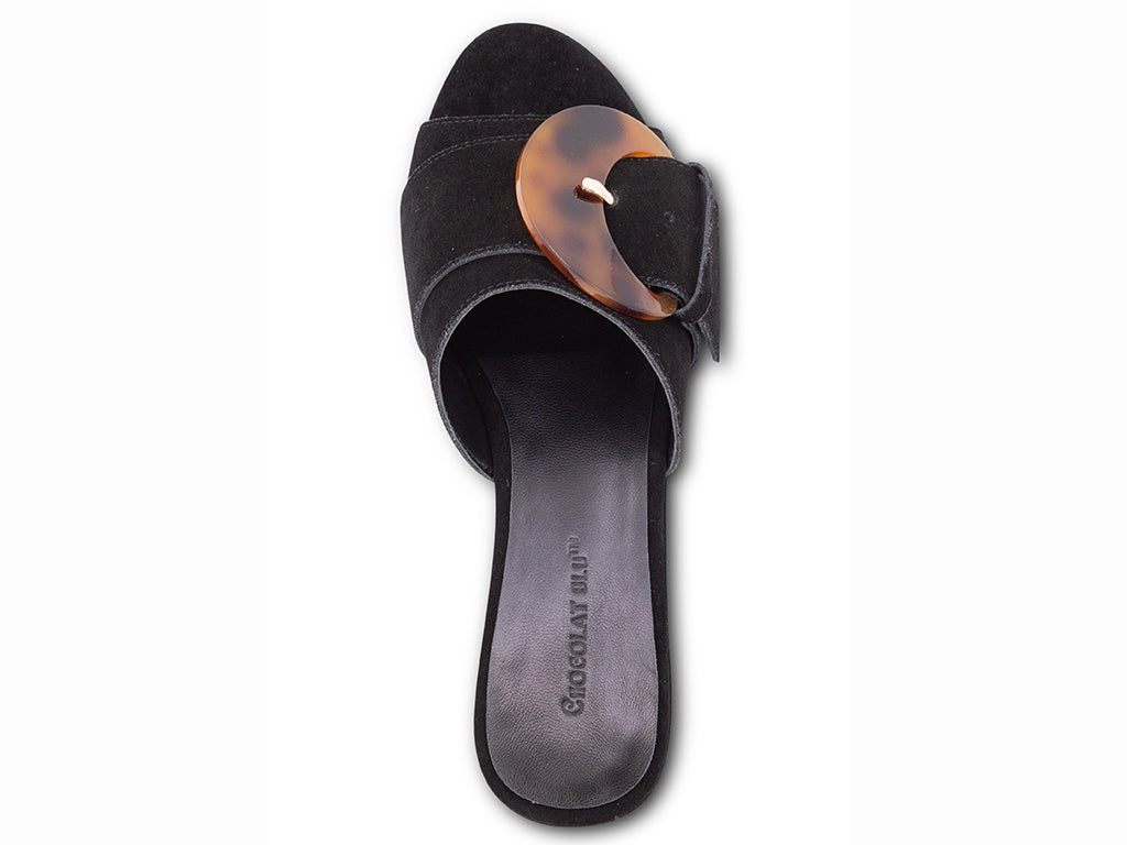 Black suede platform sandal with tortoiseshell buckle on a platform with block heel - top view