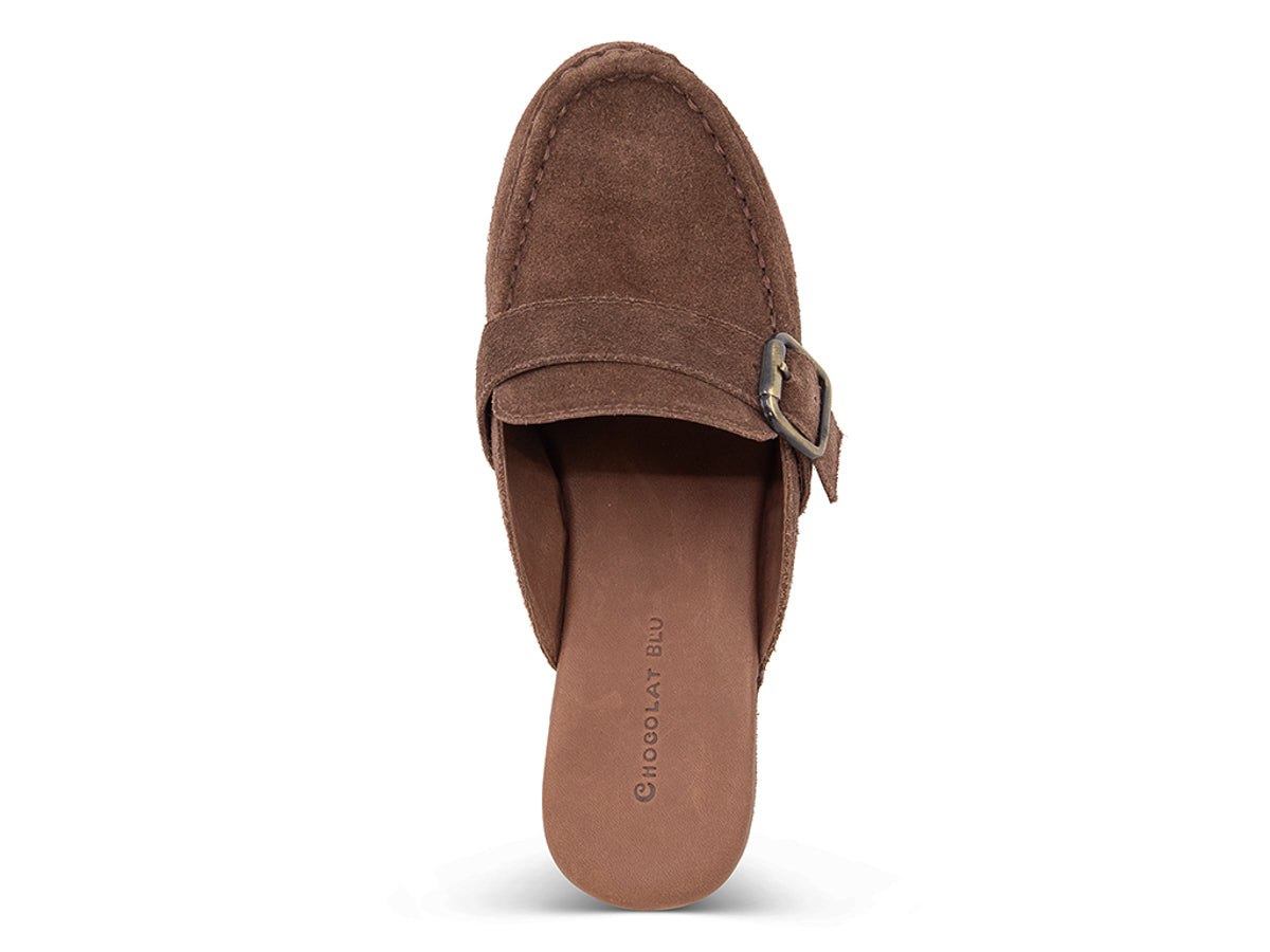 Chocolate suede slide in block heel clog shoe with a decorative strap buckle and grommet studson a white background top view 