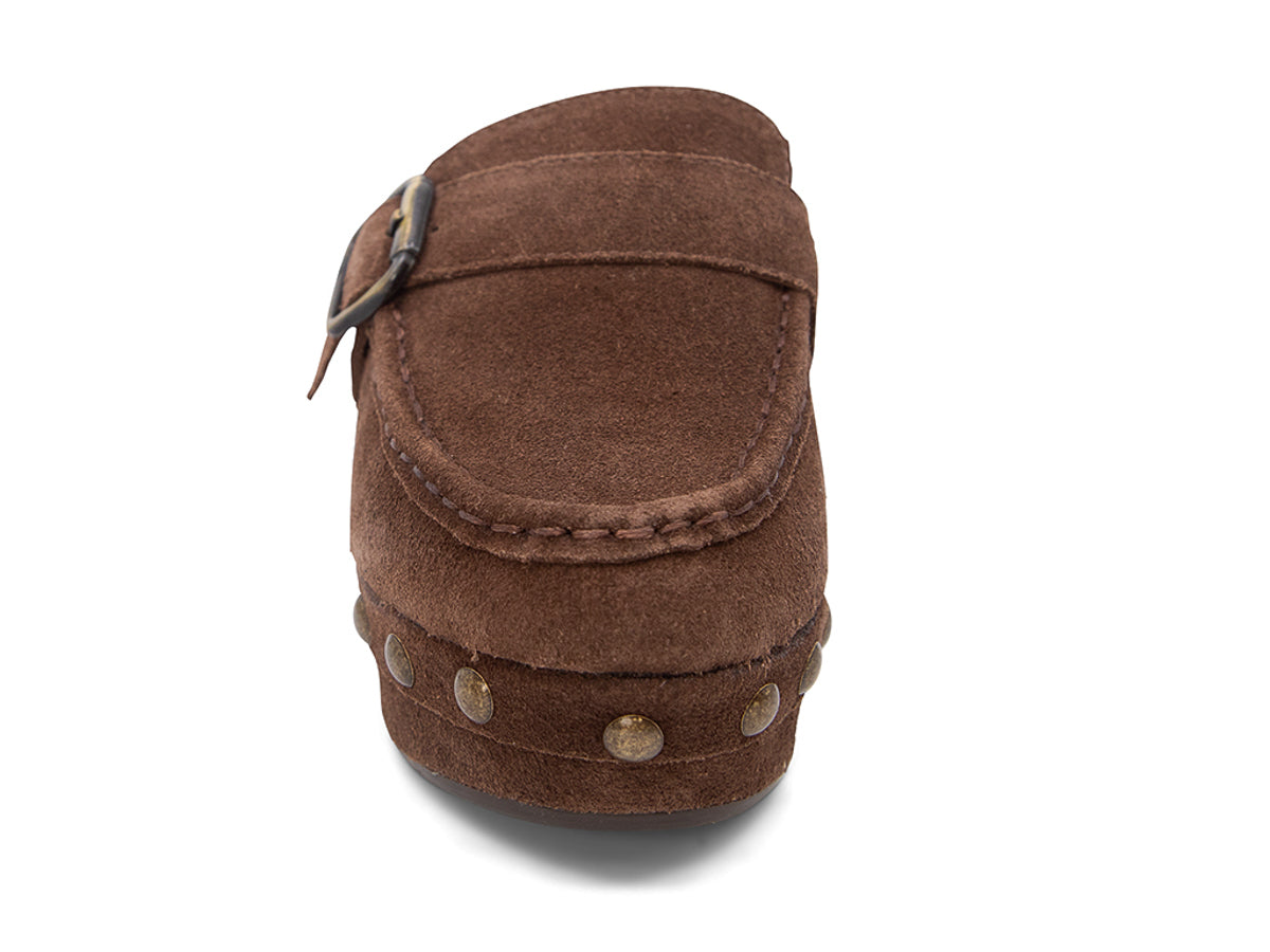 Chocolate suede slide in block heel clog shoe with a decorative strap buckle and grommet studson a white background front view 