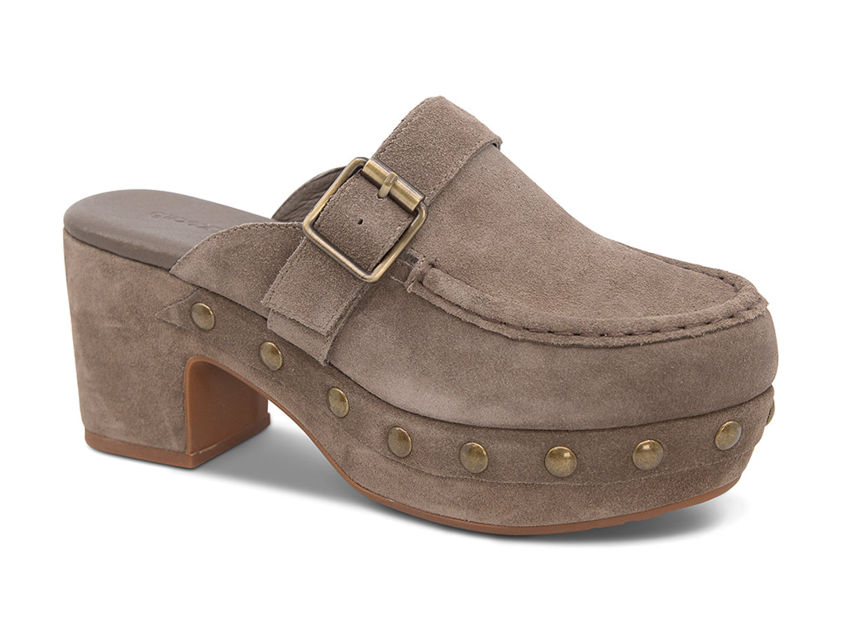 Taupe suede slide in block heel clog shoe with a decorative strap buckle and grommet studson a white background side angle view 