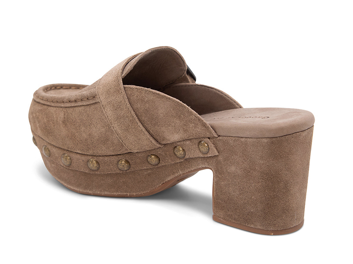 Toffee suede slide in block heel clog shoe with a decorative strap buckle and grommet studson a white background side angle view 