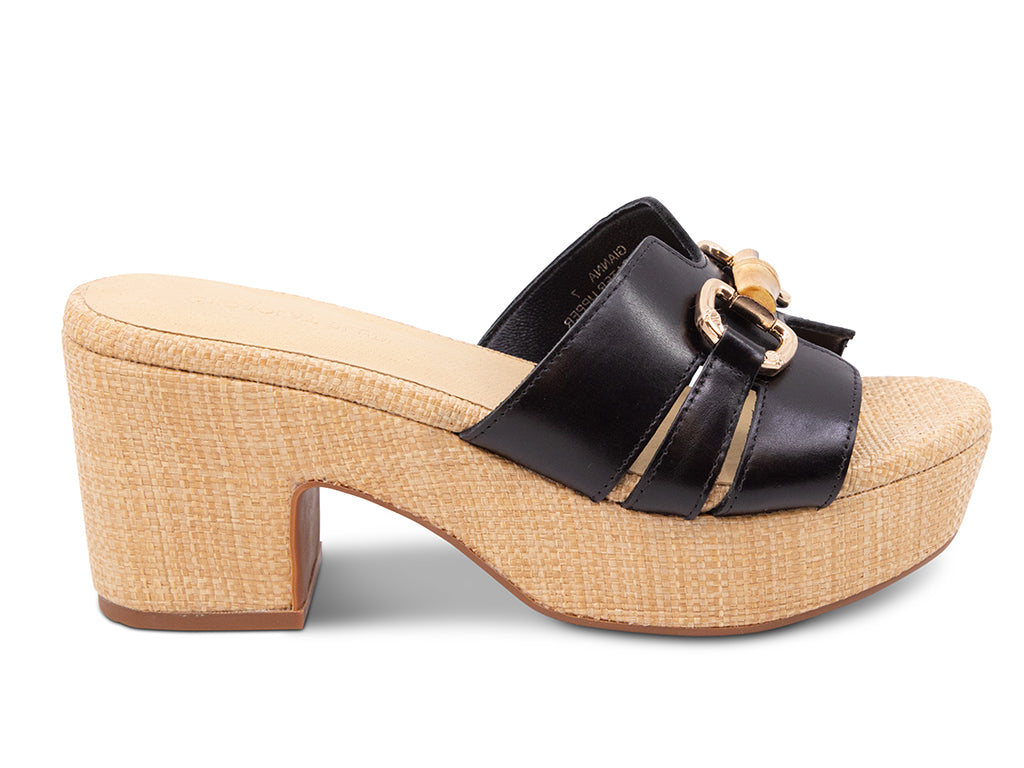 black sandal with bamboo toggle buckle on a raffia wrapped platform and block heel - side view