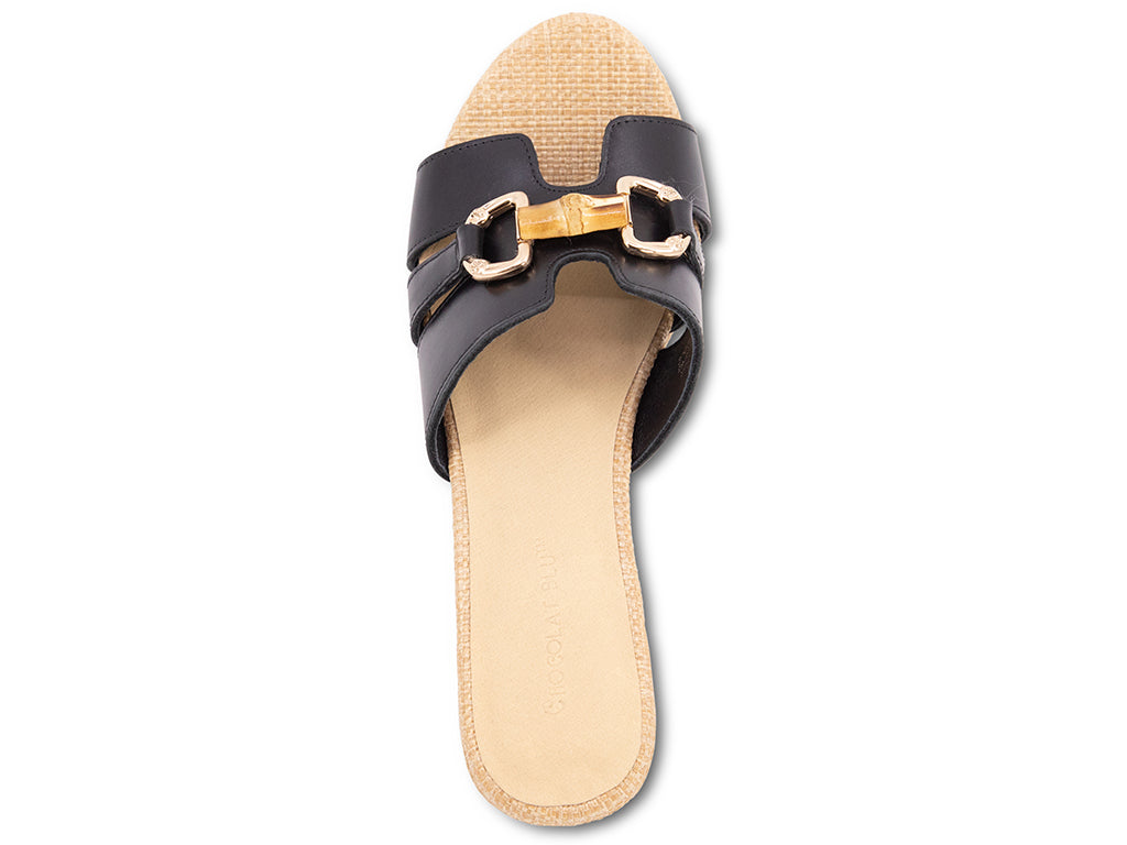 black sandal with bamboo toggle buckle on a raffia wrapped platform and block heel - top view